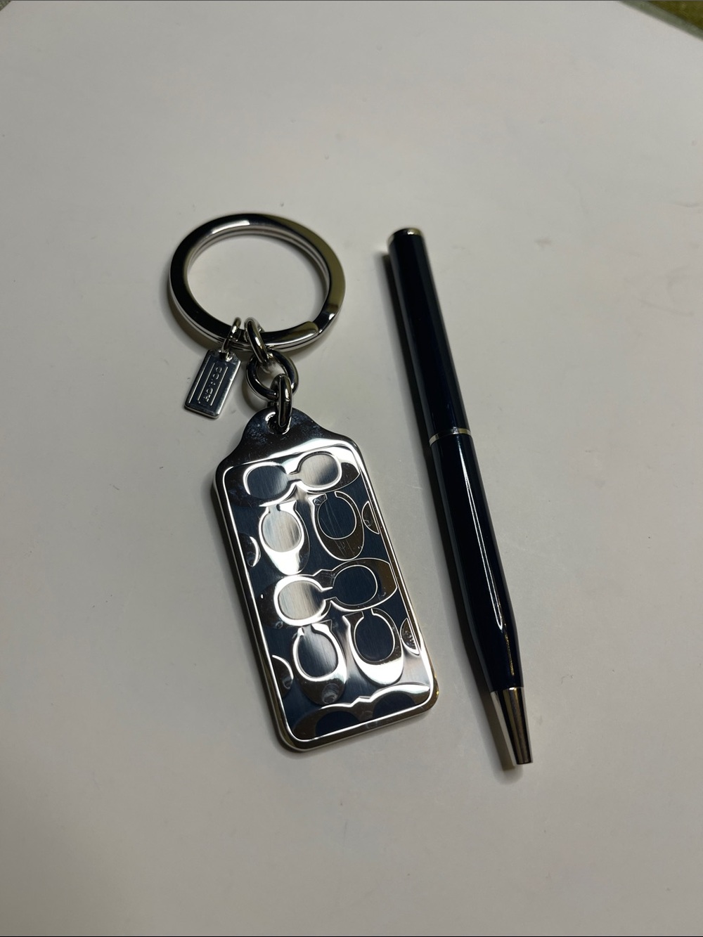 Coach Silver and Dark Navy Signature Tag Key Ring with Coach Dark Navy Pen